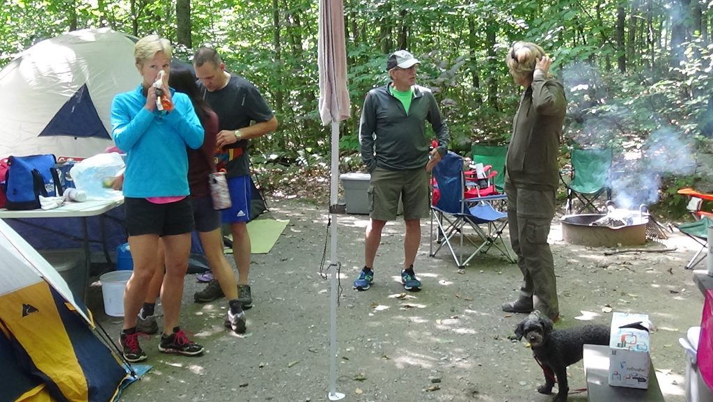 Bonnie Oropallo camping at the Smuggler's Notch, Vermont camp site with her friends Robin Snow, Keum Joo Green, Patrick Tetreault, Bruce Carlson, Susan Oropallo and Charles Oropallo. Photo by Charles Oropallo.