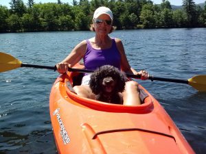 Susan Oropallo and Bonnie Oropallo kayaking on Dublin Lake in Dublin, NH. Photo taken by Charles Oropallo.